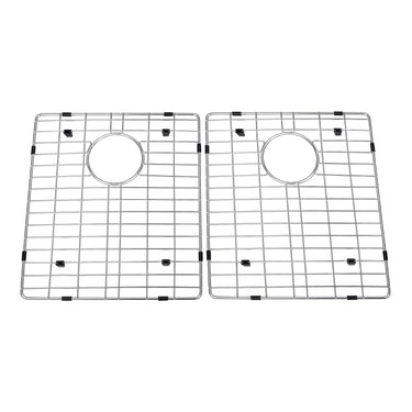 Two metal sink grids on a white background