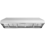 Stainless steel range hood on a white background