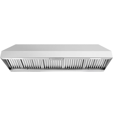 Stainless steel range hood on a white background