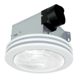 Ceiling-mounted exhaust fan with white rim and black duct on a white background