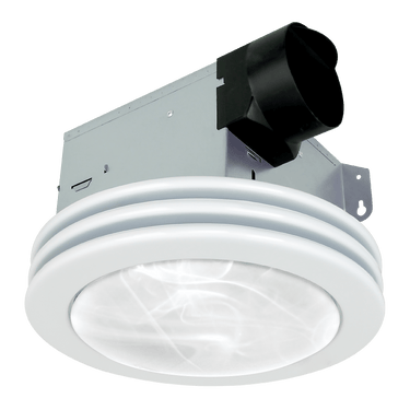 Ceiling-mounted exhaust fan with white rim and black duct on a white background