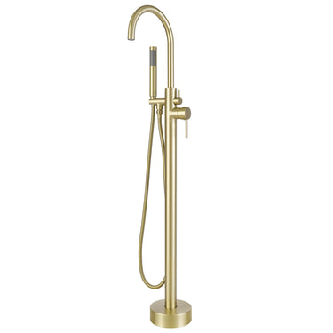Gold freestanding bathtub faucet with handheld shower on a white background