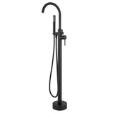 Black freestanding bathtub faucet with handheld shower on a white background