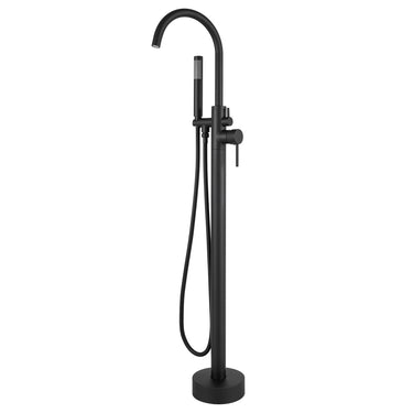 Black freestanding bathtub faucet with handheld shower on a white background
