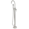 Stainless steel freestanding bathtub faucet on a white background