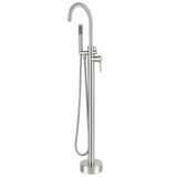 Stainless steel freestanding bathtub faucet on a white background