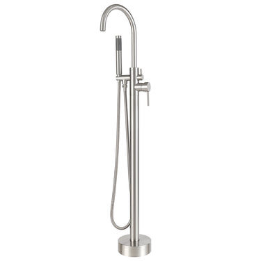 Stainless steel freestanding bathtub faucet on a white background