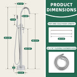 Shower system with dimensions and hose length details on a green and beige background