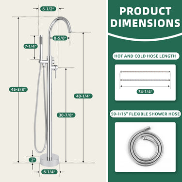 Shower system with dimensions and hose length details on a green and beige background