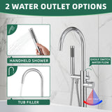 Bathroom faucet with handheld shower and tub filler, featuring two water outlet options.