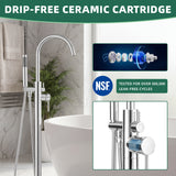 Bathroom setup with faucet and shower head, featuring a drip-free ceramic cartridge with NSF certification.