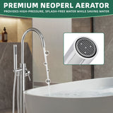 Chrome faucet with Neoperl aerator in a bathroom setting, showing water flow and aerator detail.