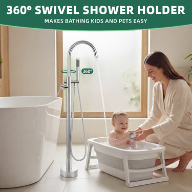 Woman and child using a 360-degree swivel shower holder in a bathroom setting.