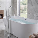 Modern freestanding bathtub with a chrome faucet in a bathroom setting.