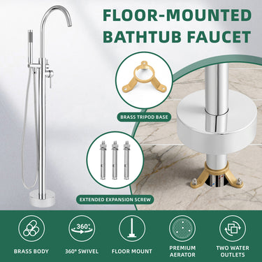 Floor-mounted bathtub faucet with brass tripod base and features highlighted on a marble background.