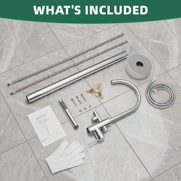Collection of bathroom fixtures and tools on a tiled floor with 'What's Included' text at the top.