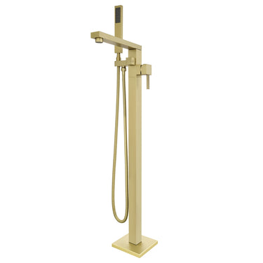 Gold freestanding shower set on a white background