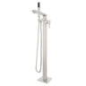 Chrome freestanding bathtub faucet with handheld shower on a white background