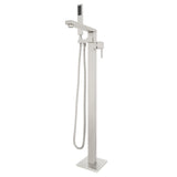 Chrome freestanding bathtub faucet with handheld shower on a white background