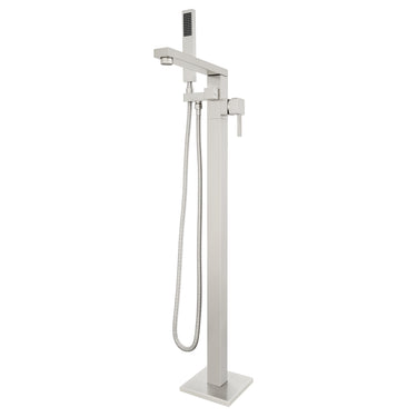 Chrome freestanding bathtub faucet with handheld shower on a white background