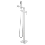 Chrome freestanding bathtub faucet with handheld shower on a white background