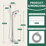 Shower system with dimensions and hose lengths displayed on a green and beige background
