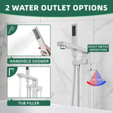Shower system with handheld shower, tub filler, and water flow switch on a tiled wall background.