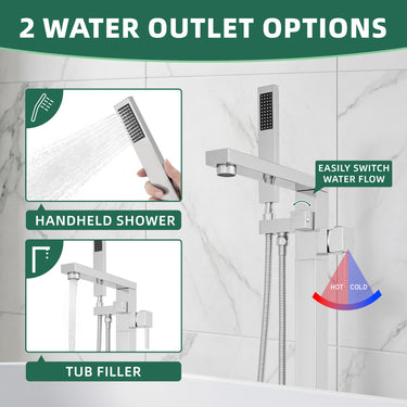 Shower system with handheld shower, tub filler, and water flow switch on a tiled wall background.