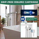 Bathroom setting with a faucet and shower head, featuring a drip-free ceramic cartridge with NSF certification.