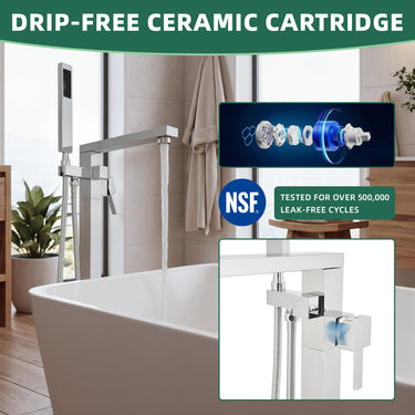 Bathroom setting with a faucet and shower head, featuring a drip-free ceramic cartridge with NSF certification.
