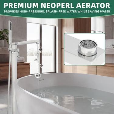 Bathroom setting with a bathtub and shower head, featuring a premium neoperl aerator.