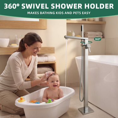 Woman bathing a child with a 360-degree swivel shower holder in a bathroom setting.