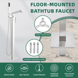 Floor-mounted bathtub faucet with brass tripod base, extended expansion screw, and other features on a tiled background.