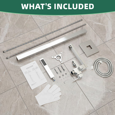 Collection of bathroom fixtures and accessories on a tiled floor with 'What's Included' text at the top.