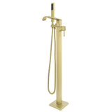 Gold freestanding bathtub faucet with handheld shower on a white background