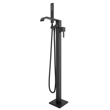 Black freestanding bathtub faucet with handheld shower on a white background