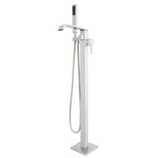 Silver freestanding bathtub faucet with handheld shower head on a white background