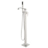 Silver freestanding bathtub faucet with handheld shower head on a white background