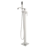 Silver freestanding bathtub faucet with handheld shower head on a white background