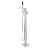 Chrome freestanding bathtub faucet with handheld shower on a white background