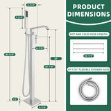 Shower system with dimensions and hose lengths on a green and beige background