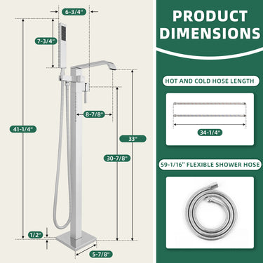 Shower system with dimensions and hose lengths on a green and beige background