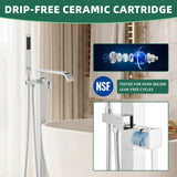Bathroom setup with faucet and shower head, featuring a drip-free ceramic cartridge and NSF certification.