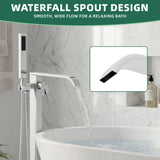 Bathroom setup with a waterfall spout design faucet over a bathtub, featuring a close-up of the faucet.