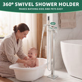 Woman bathing a child with a 360-degree swivel shower holder in a bathroom setting.
