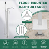 Floor-mounted bathtub faucet with features highlighted on a marble background