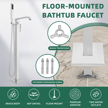 Floor-mounted bathtub faucet with features highlighted on a marble background