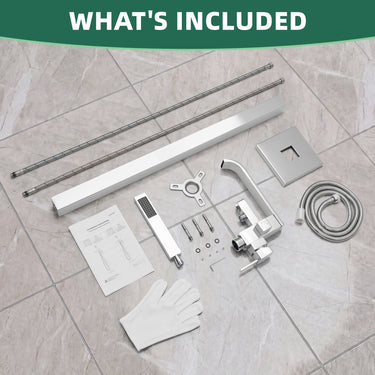 Collection of bathroom fixtures and tools on a tiled floor with 'What's Included' text at the top.
