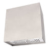 Stainless steel range hood with white panel on a white background