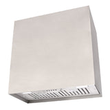 Stainless steel range hood with white panel on a white background